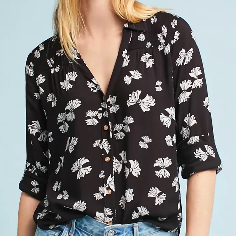 Anthropologie Maeve Emory Printed Button Front Shirt Women’s Size 12 Bow Print